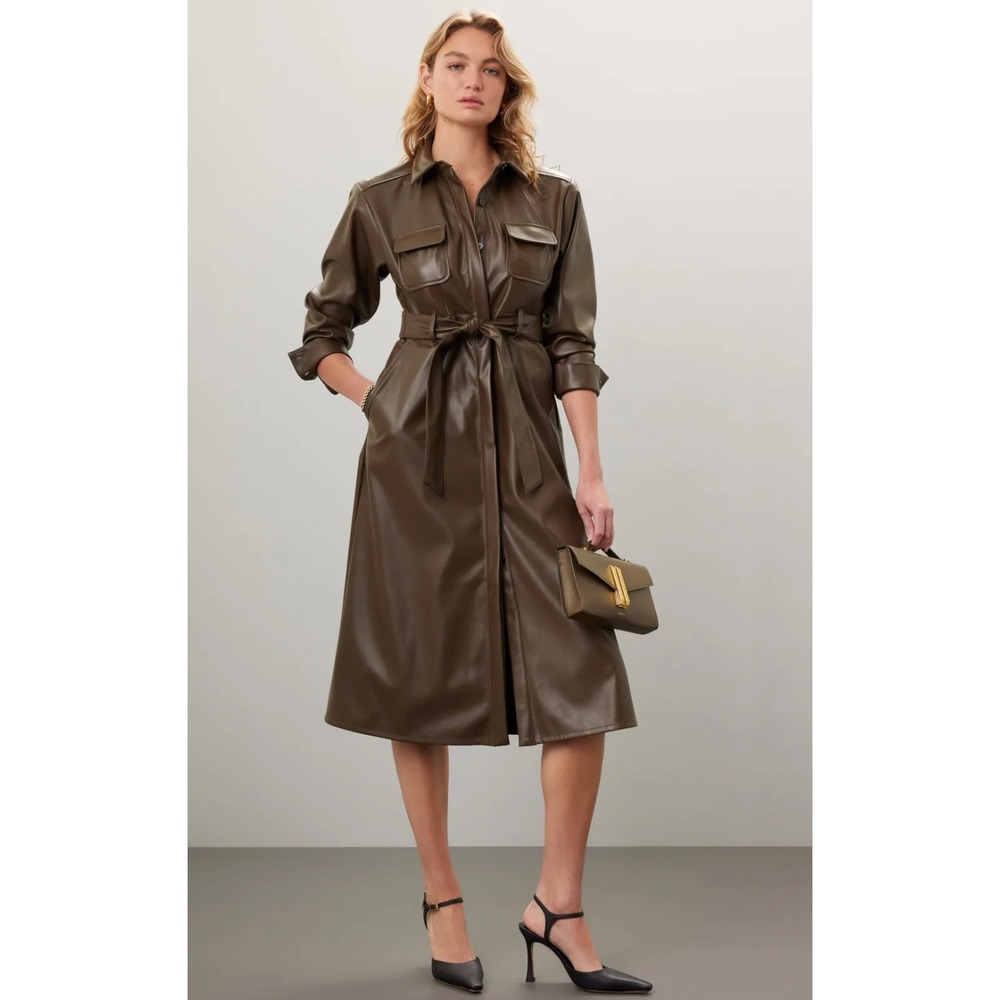 Marissa Webb Collective Faux Leather Shirt Dress Olive Green Size 8 Career